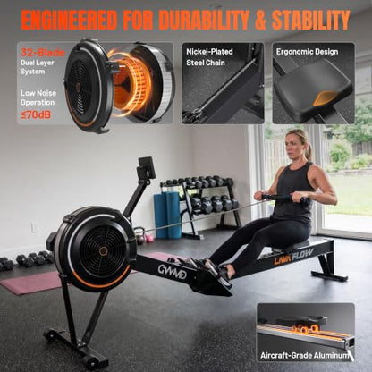 GMWD Air Rowing Machines for Home, 10-Level Adjustable Resistance Professional Rower Machine with Performance Monitor, Ergonomic Comfort Seat, Device Holder & Easy Storage, Lava Flow Series