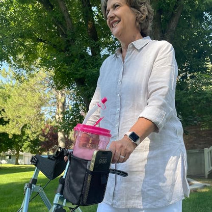 Easy Drink Holder with Small Pouch, No Tools Mount for Walkers, Wheelchairs