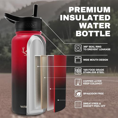 NATURE PIONEOR 32 oz Insulated Water Bottle with Carrier Bag & 3 Lids - color: Red Black, size: 32 Ounces