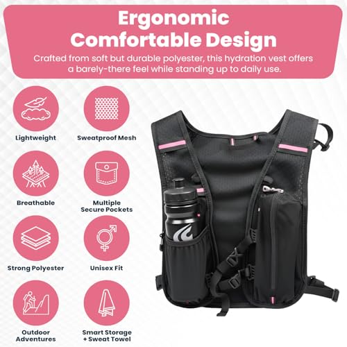 SBFIT Running Hydration Vest for Men and Women - Lightweight - Breathable and Sweatproof Backpack with 1.5L Insulated Water Bladder and Towel - Ideal for Jogging, Running - color: Pink