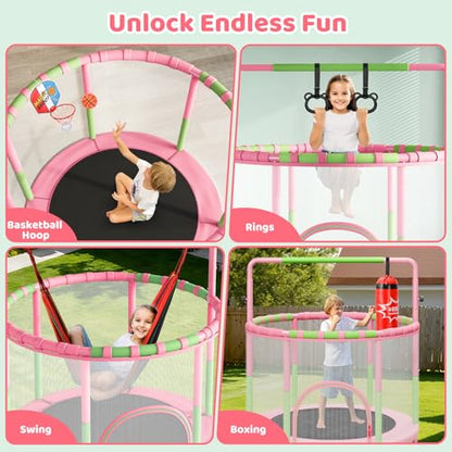 Yohood 55" Trampoline for Kids with Enclosure, 6-in-1 Toddler Trampoline Indoor Outdoor, Upgrade Full Anti-Rust Tube with Adjustable Gymnastics Bars for Boys Girls Ages 3-10