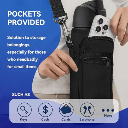 Neoprene Water Bottle Holder Bag with Cell Phone Pocket Compatible with Owala FreeSip 24 oz，Water Bottle Carrying Bag ，with Adjustable Shoulder Strap,for 24oz Stainless Steel Water Bottle - color: Red Polka Dot