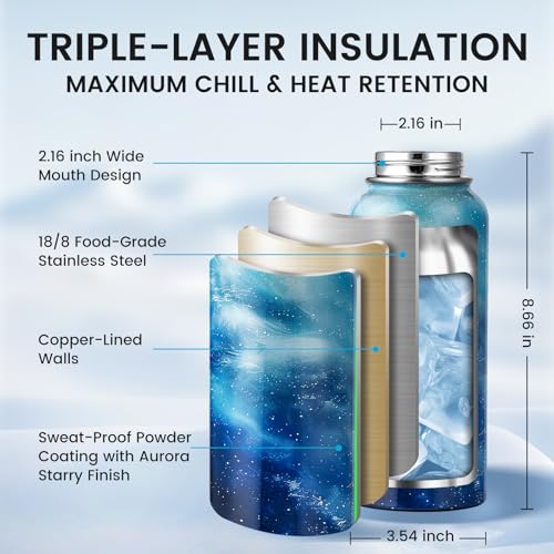 RAYMYLO Insulated Water Bottle 32 oz, Triple Wall Vacuum Stainless Steel - color: Aurora Blue, size: 32 Ounces
