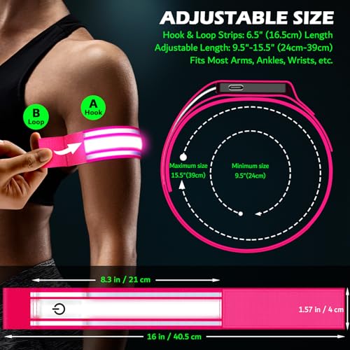 LED Armband Rechargeable for Running(2 Pack),Light Up Arm Bands for Night Walking,Running Lights for Runners,High Visibility Reflective Running Gearr for Night Safety Light Up Wristbands - size: Pink