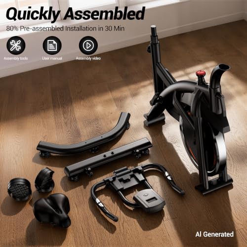 Exercise Bike,Brake Pad Stationary Bike for Home with 0-100 Resistance & App, Silent Belt Drive Stationary Workout Bike for Home with Comfort Seat, Low Noise Indoor Cycling Bike with Heart Rate / Tablet & Bottle Holder