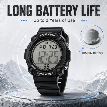 Black Digital Sports Watches for Men, Waterproof, Minimalist Large Face, Outdoor Use, LED Backlight, Stopwatch, Alarm, and Date