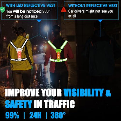 Led Reflective Vest Running Gear, Light Up Vest for Night Walking, High Visibility USB Rechargeable Adjustable Running Lights for Runners Walkers Men Women Kids - color: Black
