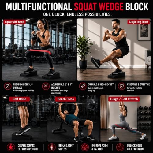 Squat Wedge Block, Non-Slip Adjustable Slant Board for Squats, 5 Bands