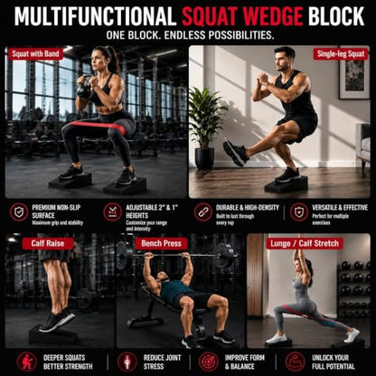 Squat Wedge Block, Non-Slip Adjustable Slant Board for Squats, 5 Bands