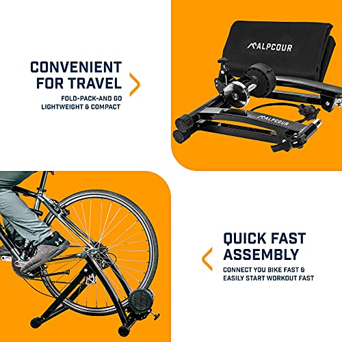 Alpcour Bike Trainer Stand for Indoor Riding – Portable Foldable Magnetic Stainless Steel Indoor Trainer, Noise Reduction, 6 Resistance Settings & Bag – Stationary Exercise for Road & Mountain Bikes