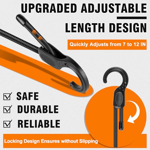 Adjustable Bungee Cords with Hooks 12 Inch, 6 PCS Small Bungee Cords Heavy Duty Outdoor Easily Adjust from 7" to 12", Elastic Bungee Straps for Tarps,Tents, Luggage, Cargo,Truck, Bikes - size: 12 Inch