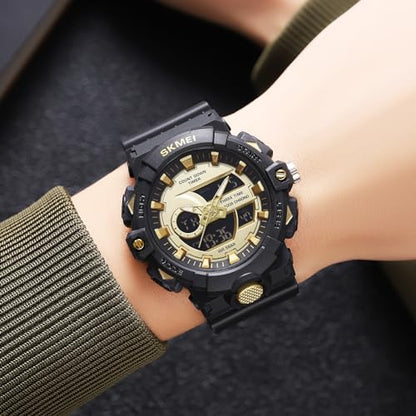 FANMIS Men's Analog Digital Sports Watch 50M LED Backlight Military Watch - color: Black Gold