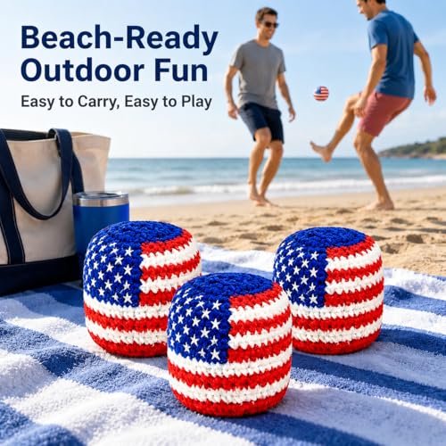USA Flag Handmade Footbag 3 Pack, Crochet Kick Balls for Outdoor Games