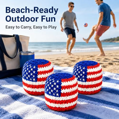 USA Flag Handmade Footbag 3 Pack, Crochet Kick Balls for Outdoor Games