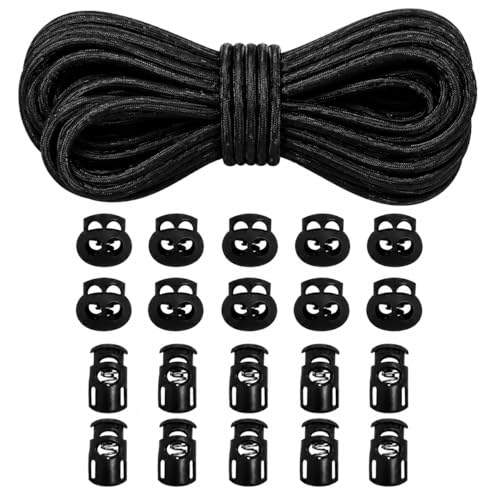 20 PCS Plastic Cord Locks & Elastic Bungee Nylon Shock Cord 5/32" 50 ft Lengths, DaKuan 10 PCS Sing-Hole, 10 PCS Double-Hole (Black) End Spring Toggle Stopper Slider with Crafting Stretch String - color: 4mm