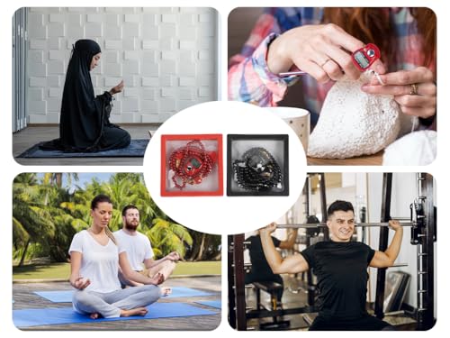 Islamic Tasbih Prayer Beads & Digital Tasbeeh Counter Set, 2 Pieces Elegant Beads with LCD Finger Counter, Elegant Islamic Gift for Dhikr Meditation Ramadan & Eid (Black, Red)