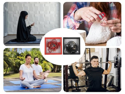 Islamic Tasbih Prayer Beads & Digital Tasbeeh Counter Set, 2 Pieces Elegant Beads with LCD Finger Counter, Elegant Islamic Gift for Dhikr Meditation Ramadan & Eid (Black, Red)