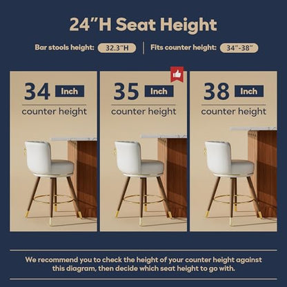 SeekFancy 24 Inch White Leather Swivel Counter Bar Stools Set of 4 - color: White, size: 24" Counter Height-4 Pieces