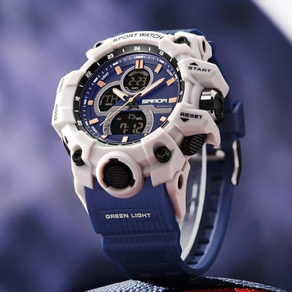 FANMIS Men Sports Outdoor Watch Analog Digital Multifunctional Black Watch - color: Y Blue