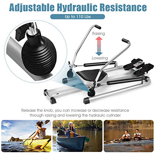 GYMAX Rowing Machine for Home, 265LBS Weight Capacity Hydraulic Rowing Machine with Adjustable Cylinder Resistance up to 110lbs & LCD Monitor, Compact Full Motion Rower for at Home Exercise