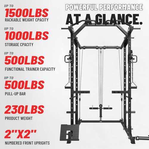 Mikolo Power Cage, Power Rack with Cable Crossover System, 1500LBS Squat Rack with LAT Pull Down System, Workout Cage with Pulley System for Fitness Home Gym - color: Black, style: K6 Ultra (Aluminum Pulley)