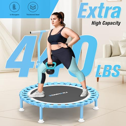ZCMHAXJ Foldable Mini Trampoline, 40" Rebounder Trampoline for Adults & Kids, 450lbs Capacity with T-Shaped Adjustable Bar, Indoor Fitness Workout Exercise Equipment - color: Blue