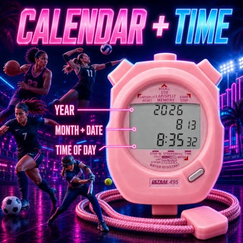 ULTRAK 495 Stopwatch – Pink Professional 100-Lap Digital Timer, Countdown Interval Tracker, Water-Resistant Sports Watch, Chronograph for Coaching & Training - color: Pink