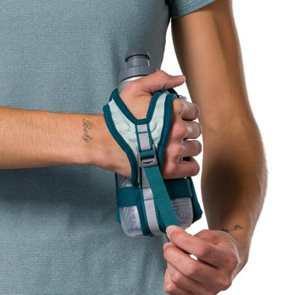 Nathan SpeedDraw 2 Insulated Handheld Running Water Bottle Flask – Double-Wall Insulation, Ergonomic Grip, Blast Valve Cap, Phone & Key Storage Pockets, Reflective Design, 12oz Insulated - Deep Teal - color: 12oz Insulated - Deep Teal