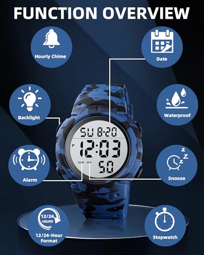 CakCity Digital Watch Mens, Waterproof Sport Wristwatch, Referee Stopwatch - color: Blue Camouflage