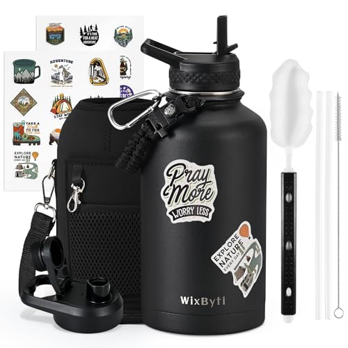 WixByti 64oz Insulated Water Bottle, Half Gallon Stainless Steel Water Jug - color: Black, size: 64 Ounces