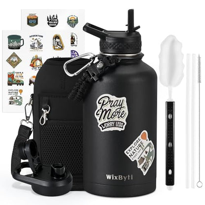WixByti 64oz Insulated Water Bottle, Half Gallon Stainless Steel Water Jug - color: Black, size: 64 Ounces
