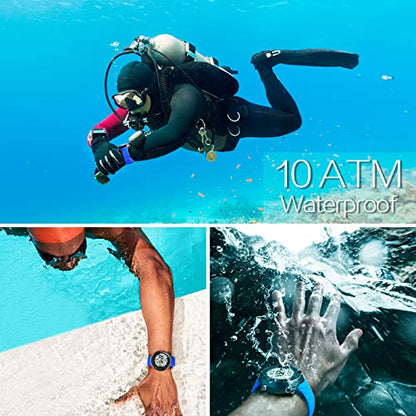10 ATM Water Resistant Sports Watch for Swimming and Diving, with Functions of Stopwatch, Countdown, Dual Time, Alarm Clock, 12 and 24 Hour Format Switchable