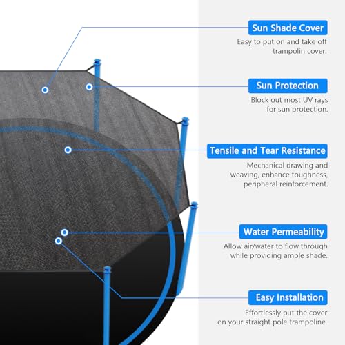 Trampoline Shade Cover, Trampoline Cover for 8FT 10FT 12FT 14FT 16FT Straight Pole Round Trampoline Sun Protection, Easy to Install,for Backyard Playground (12FT 6 Poles)