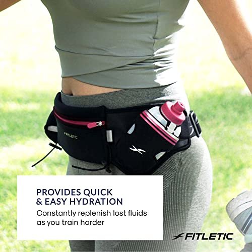 Fitletic Hydration Running Belt with Water Bottles for Men & Women – 2 Quick Flow 8oz Running Water Bottles, Patented Bounce Free Design, Water Resistant Pouch Fits All Phones – Hydra 16 - size: L/XL (35"-42"), style: Black & Pink