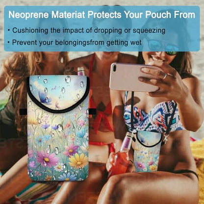 Neoprene Cell Phone Sleeve Pouch Case Bag with Crossbody Strap Neck Lanyard for Women 7.5 X 4.3 in Colorful Flowers - color: Colorful Flower