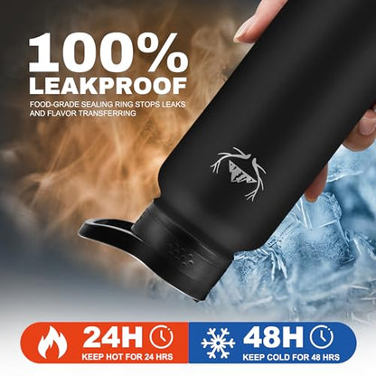 NATURE PIONEOR 40 oz Insulated Water Bottle with Carrier Bag & 3 Lids - color: Black, size: 40 Ounces