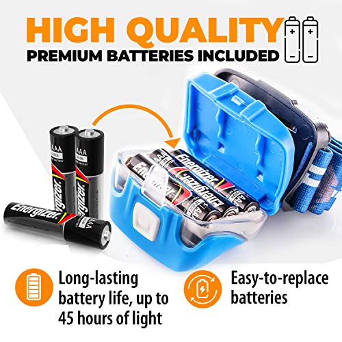 Foxelli LED Headlamp Flashlight for Adults & Kids, Running, Camping, Hiking Head Lamp with White & Red Light, Comfortable Headband, Lightweight & Waterproof, 3 AAA Batteries - color: 1-Pack Blue