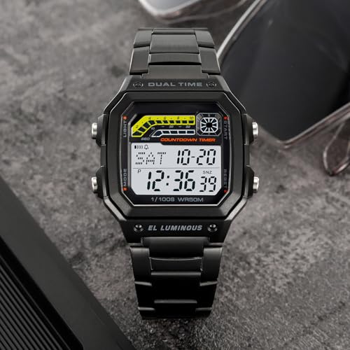 PASOY Men's Digital Sport Watch Waterproof Dual Time Stopwatch Countdown - color: Black B