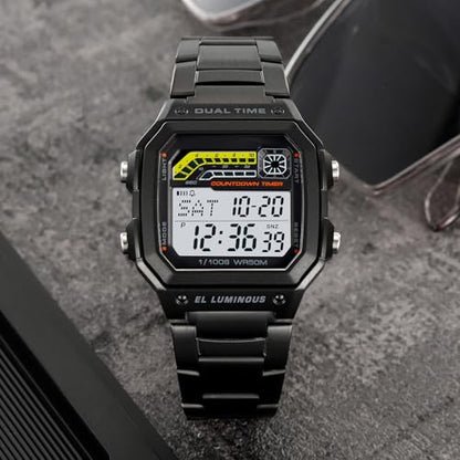 PASOY Men's Digital Sport Watch Waterproof Dual Time Stopwatch Countdown - color: Black B