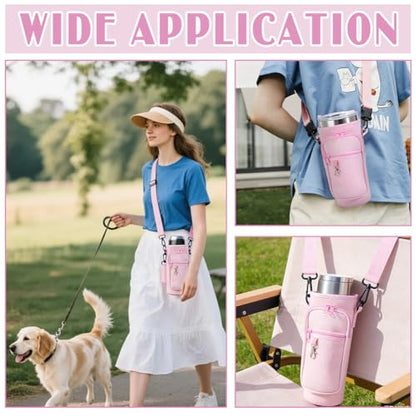 2Pcs Water Bottle Carrier Bag with Phone Pocket Adjustable Strap 40oz Thumbler Neoprene Sports Water Bottle Holder Pouch with 3 Pockets Soft Sponge Padding for Walking Hiking Camping Pink - color: Pink