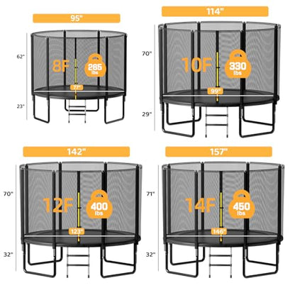 Trampoline Outdoor 8FT 10FT 14FT, Recreational Trampolines with Enclosure and Ladder, Anti-Rust Trampolines for Kids and Adults, ASTM Approval - size: 8FT