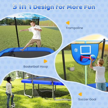 GYMAX Trampoline Outdoor, 10 x 8FT Rectangle Trampoline with Basketball Hoop, Soccer Goal, Anti-Slip Ladder & Shoes Storage, Heavy Duty Backyard Trampolines for Kids & Adults - color: Blue