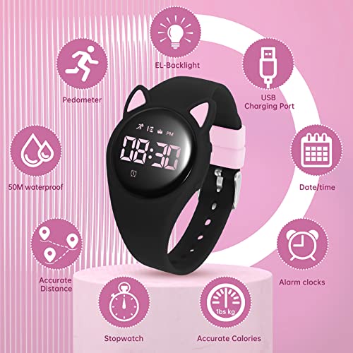 Kids Watch, Digital Watch, Sport Watch with Alarm Clock, Stopwatch, Waterproof Fitness Tracker with No App for Ages 5-12 Children (MEHeipin-Black Pink)