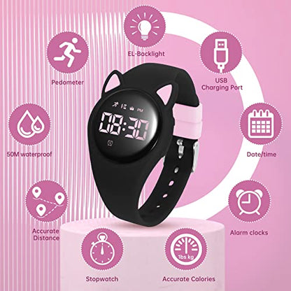 Kids Watch, Digital Watch, Sport Watch with Alarm Clock, Stopwatch, Waterproof Fitness Tracker with No App for Ages 5-12 Children (MEHeipin-Black Pink)