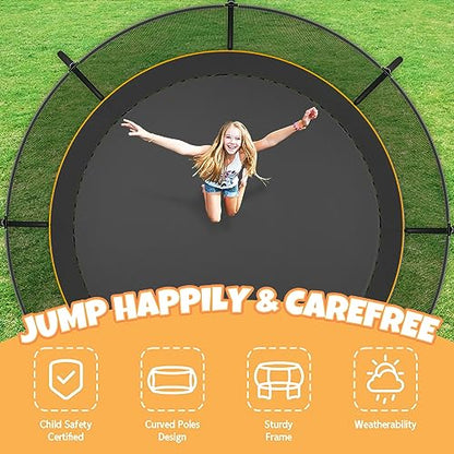 Kiivakii Trampoline 10FT 12FT 14FT 16 FT, Outdoor Trampolines for Kids and Adults, Recreational Trampolines with Curved Poles & Enclosure, ASTM Approval Round Trampoline for Backyard