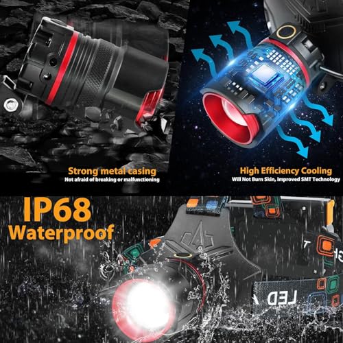 UVER Rechargeable LED Headlamp 125° Wide Angle LED Headlamp Rechargeable, Super Bright 90000LM Head Lamp with 8 Light Modes, IPX7 Waterproof Headlight for Camping Hiking Running Fishing Work