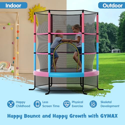 GYMAX Toddler Trampoline, 55” Trampoline for Kids with Bottom-to-Top All-Round Enclosure Net & Seamless Jumping Mat, ASTM Approved Easy Assembly Kids Mini Trampolines Indoor/Outdoor - color: Pink Blue