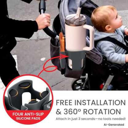 Stroller Cup Holder Attachment with Phone Holder Grey