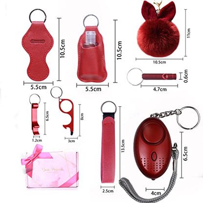 Safety Keychain Full Set for Women, Safety Keychain Set with Personal Alarm, 9 Pcs Protective Accessories for Women - color: Red