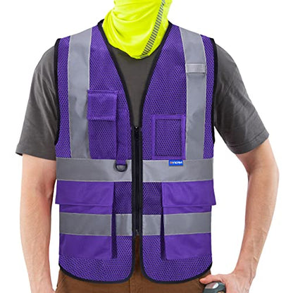 A-SAFETY Hi-Vis Mesh Vest with Breathable, Black Front Zipper, Purple, 3XL - color: Purple Mesh, size: 3X-Large